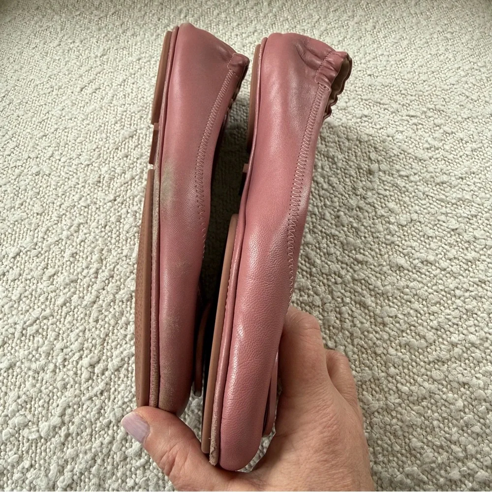Tory Burch Reva Ballet Flats Peony Pink Logo Medallion Scrunch Back - Picture 6 of 9